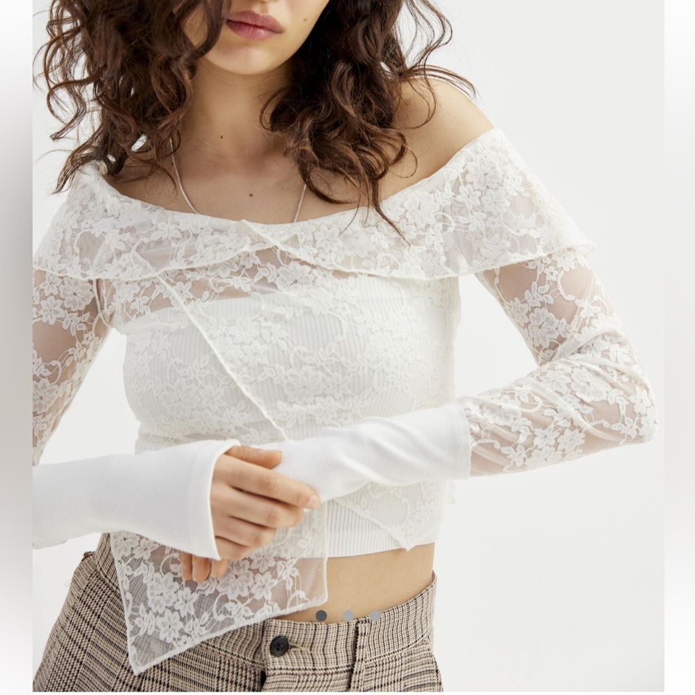 Urban Outfitters Amarillis Sheer Lace Off-The-Shoulder Long sleeve top